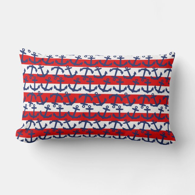 Anchors Aweigh! Blue Anchors, Red, White Stripes Lumbar Cushion (Front)