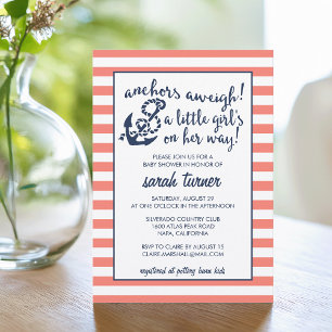 Anchors Aweigh! Coral Nautical Girl Baby Shower Invitation