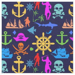 Anchors, Helms, Pirates. Colourful Nautical Patter Fabric