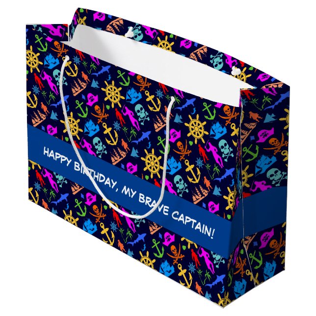 Anchors, Helms, Pirates. Colourful Nautical Patter Large Gift Bag (Back Angled)