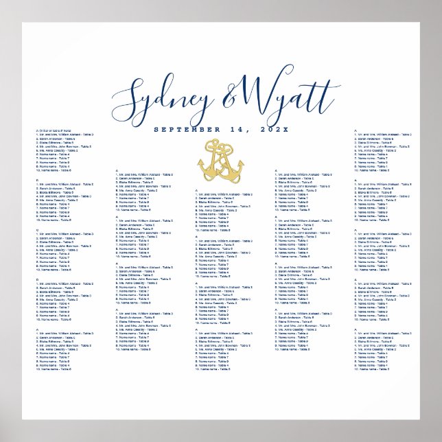 Anchors Nautical Navy White Seating Chart Poster (Front)