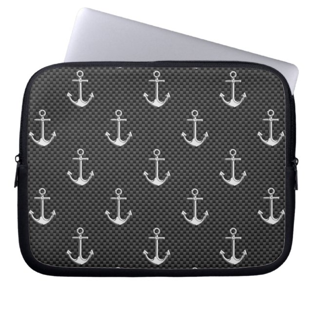 Anchors on Black Carbon Fibre Pattern Laptop Sleeve (Front)