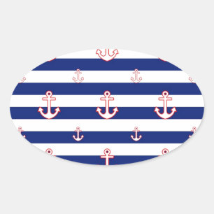 Anchors on Stripes Nautical Decor Oval Sticker