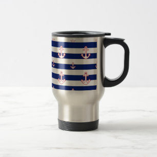 Anchors on Stripes Nautical Decor Travel Mug