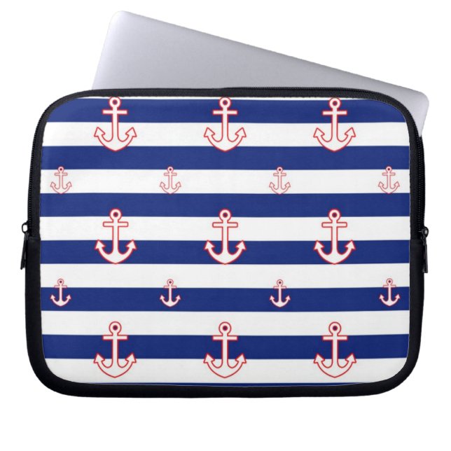 Anchors on Stripes Nautical Pattern Laptop Sleeve (Front)