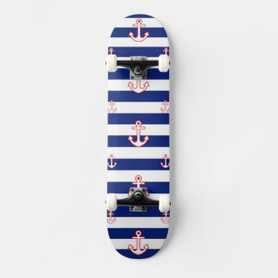 Anchors on Stripes Nautical Pattern Skateboard