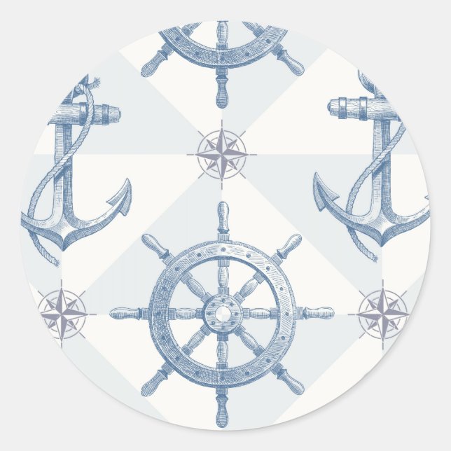 Anchors & Ship Wheel Pattern Classic Round Sticker (Front)