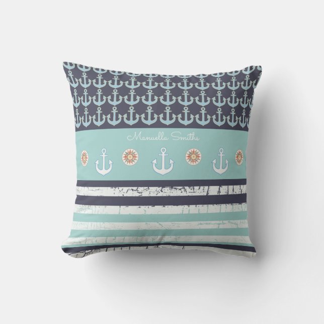 anchors & stripes nautical & personalised blue outdoor cushion (Front)