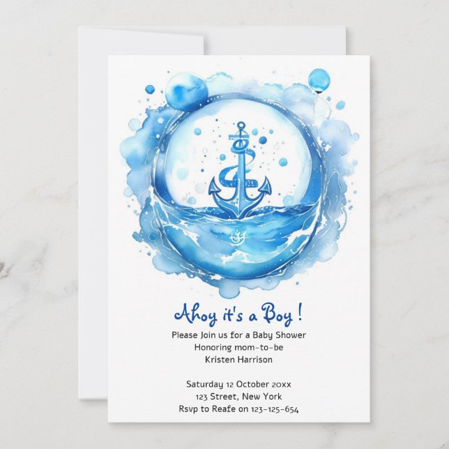 Anchors & Waves: Watercolor Nautical Baby Shower Invitation (Front)