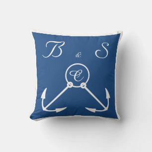 Anchors with ribbons beach wedding custom monogram cushion