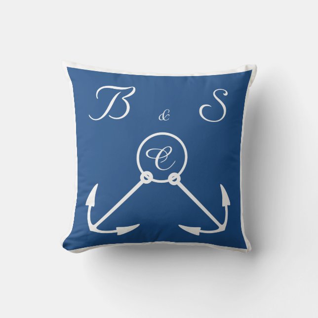 Anchors with ribbons beach wedding custom monogram cushion (Front)
