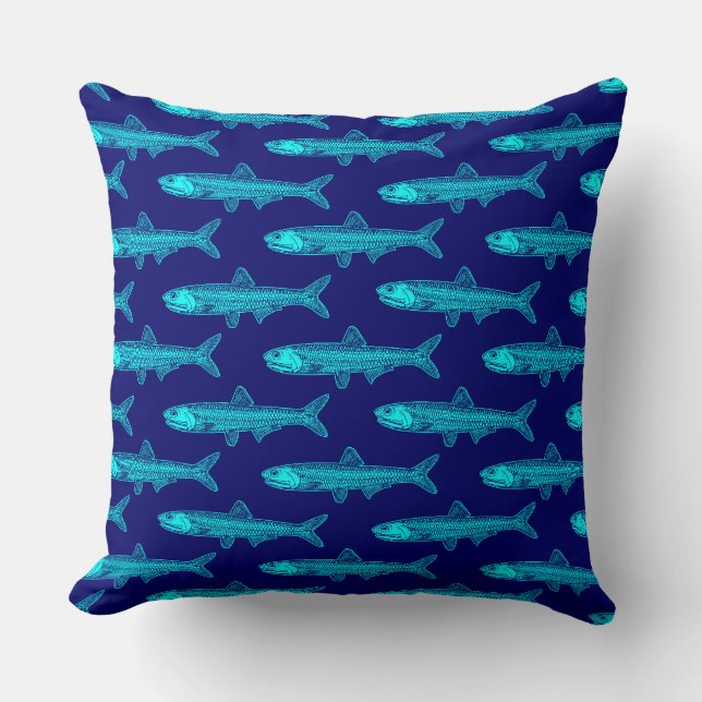 Anchovy Pattern - Cyan and Deep Navy Cushion (Front)