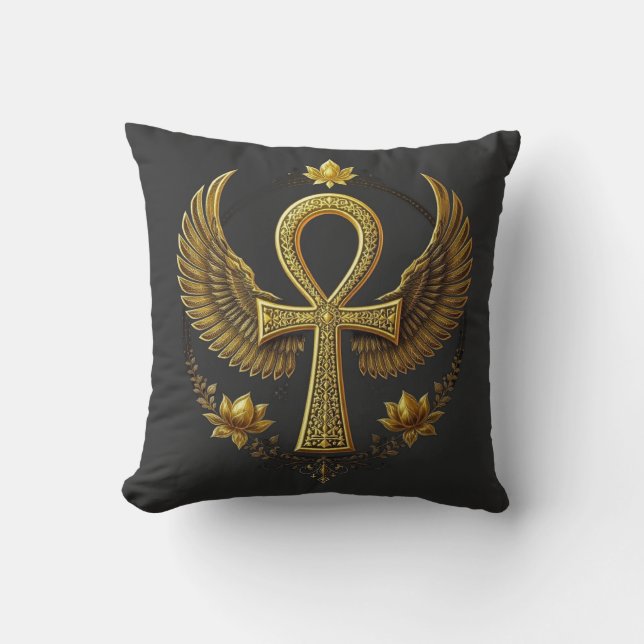 Ancient Ankh Power Divine Gold Black Decor Cushion (Front)