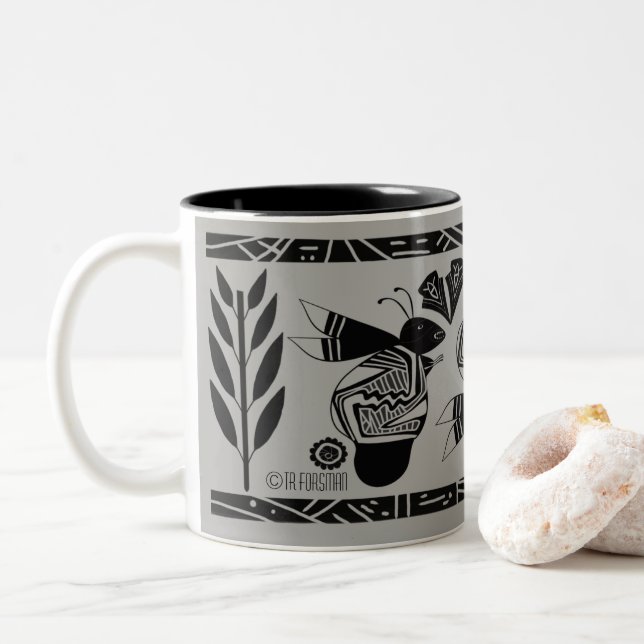 Ancient bees and flowers on grey mug (With Donut)