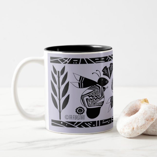 Ancient bees and flowers on purple mug (With Donut)