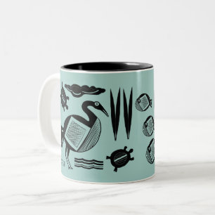 Ancient Bird, turtle, grass, water inked aqua Two-Tone Coffee Mug