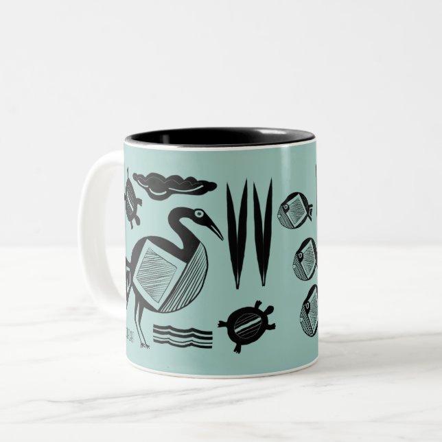 Ancient Bird, turtle, grass, water inked aqua Two-Tone Coffee Mug (Front Left)