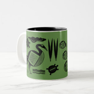 Ancient Bird, turtle, grass, water inked Two-Tone Coffee Mug