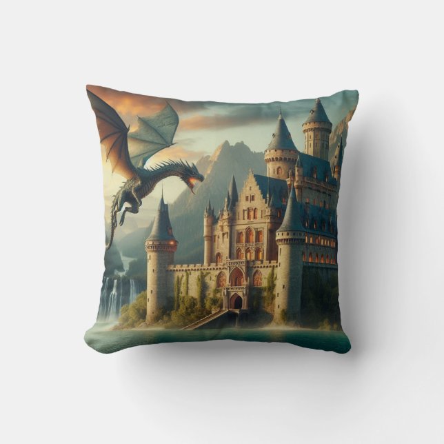 Ancient Castle Under Attack from a Flying Dragon Cushion (Front)