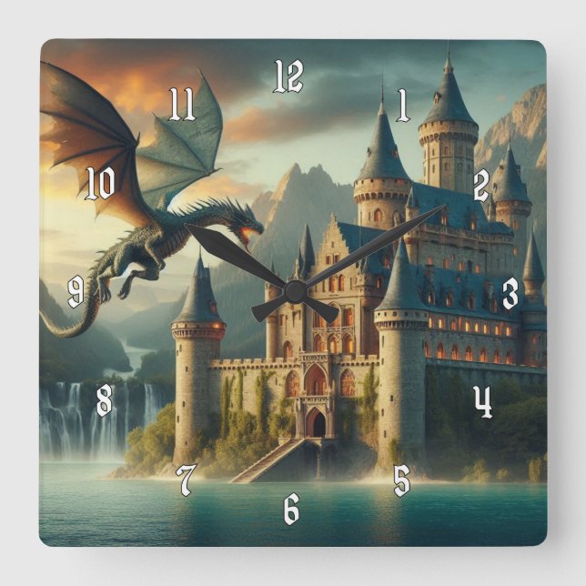 Ancient Castle Under Attack from a Flying Dragon Square Wall Clock (Front)