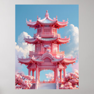 Ancient Chinese Architecture Kawaii Cartoon Poster