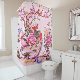 Ancient Chinese Floral Birds Pink Chinoiserie Shower Curtain