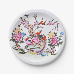 Ancient Chinese Floral Birds White Chinoiserie  Paper Plate