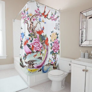 Ancient Chinese Floral Birds White Chinoiserie Shower Curtain