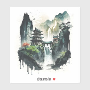 Ancient Chinese Ink Landscape with Waterfall