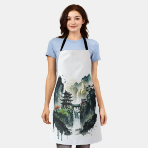 Ancient Chinese Ink Landscape with Waterfall Apron