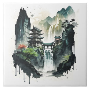 Ancient Chinese Ink Landscape with Waterfall Ceramic Tile