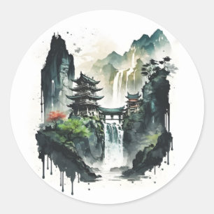 Ancient Chinese Ink Landscape with Waterfall Classic Round Sticker