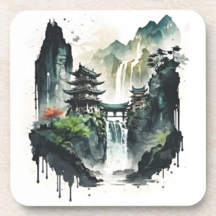 Ancient Chinese Ink Landscape with Waterfall Coaster