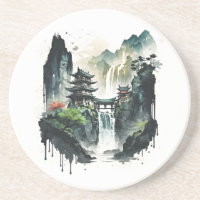 Ancient Chinese Ink Landscape with Waterfall