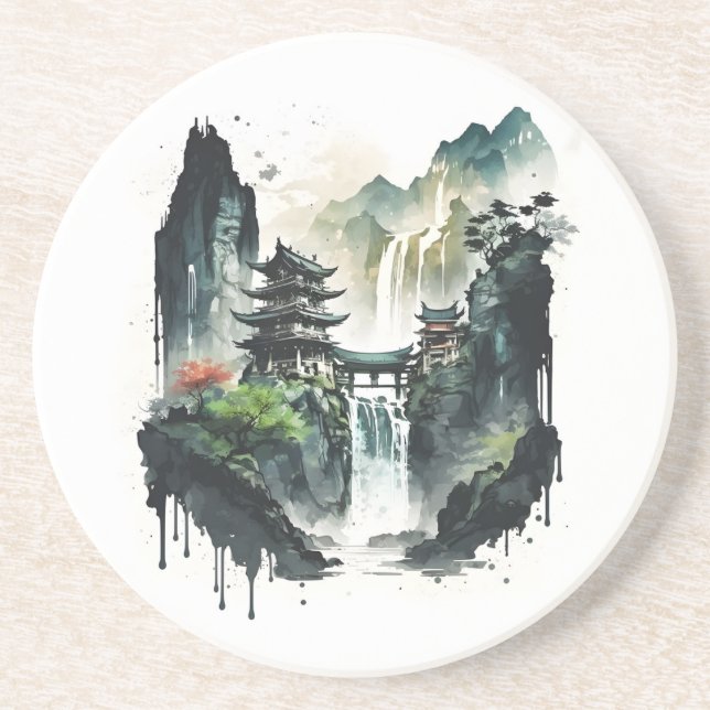 Ancient Chinese Ink Landscape with Waterfall Coaster (Front)