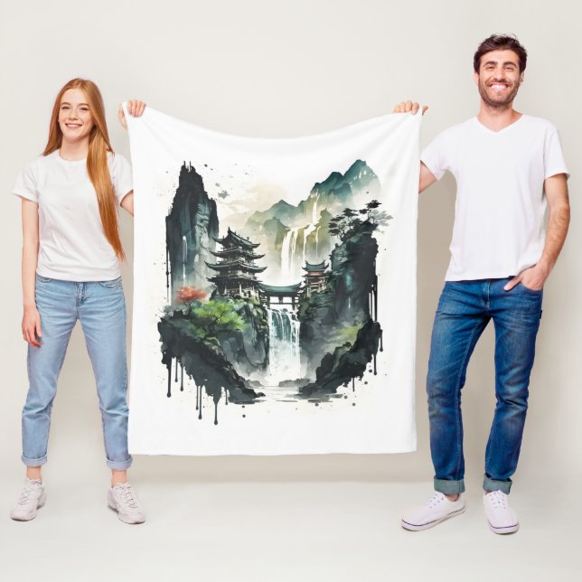 Ancient Chinese Ink Landscape with Waterfall Fleece Blanket (In Situ)