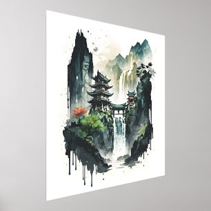 Ancient Chinese Ink Landscape with Waterfall Foil Prints