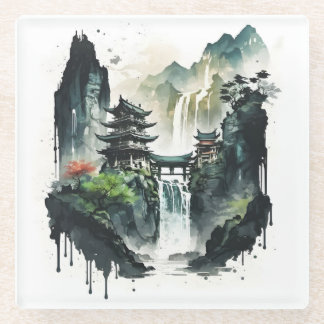 Ancient Chinese Ink Landscape with Waterfall Glass Coaster
