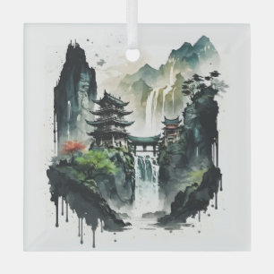 Ancient Chinese Ink Landscape with Waterfall Glass Tree Decoration