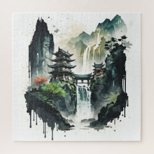 Ancient Chinese Ink Landscape with Waterfall Jigsaw Puzzle