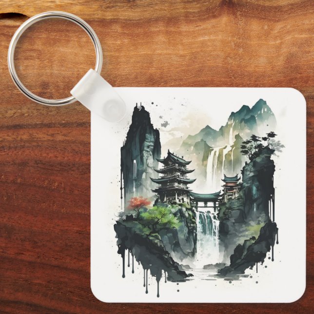 Ancient Chinese Ink Landscape with Waterfall Key Ring (Front)
