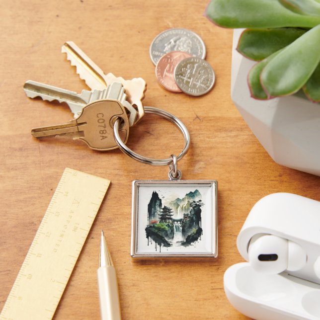 Ancient Chinese Ink Landscape with Waterfall Key Ring (Desk)