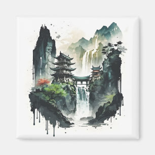 Ancient Chinese Ink Landscape with Waterfall Magnet