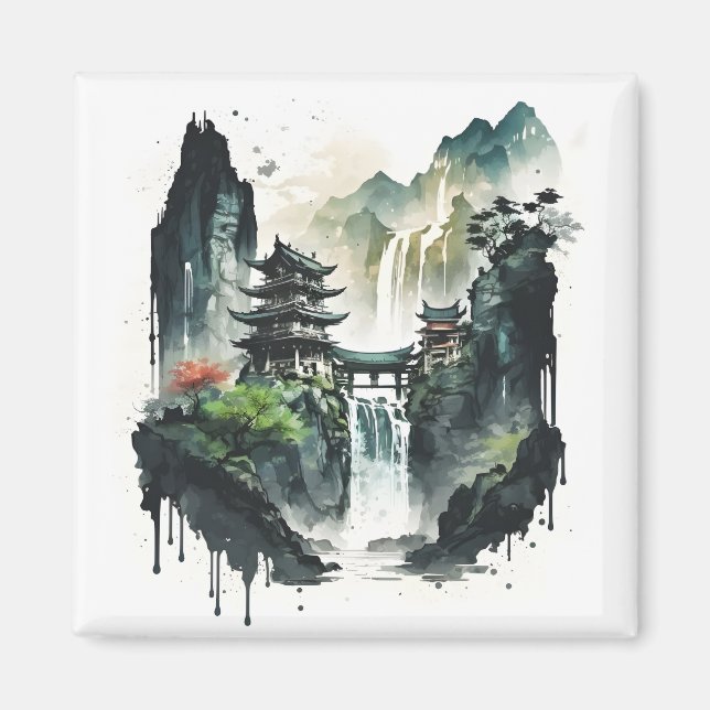 Ancient Chinese Ink Landscape with Waterfall Magnet (Front)