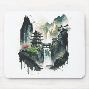 Ancient Chinese Ink Landscape with Waterfall Mouse Pad