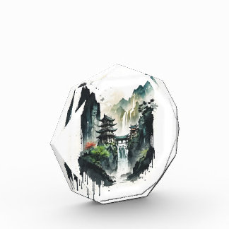 Ancient Chinese Ink Landscape with Waterfall Photo Block