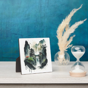 Ancient Chinese Ink Landscape with Waterfall Plaque