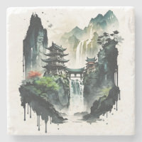 Ancient Chinese Ink Landscape with Waterfall