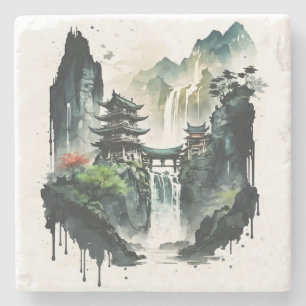 Ancient Chinese Ink Landscape with Waterfall Stone Coaster