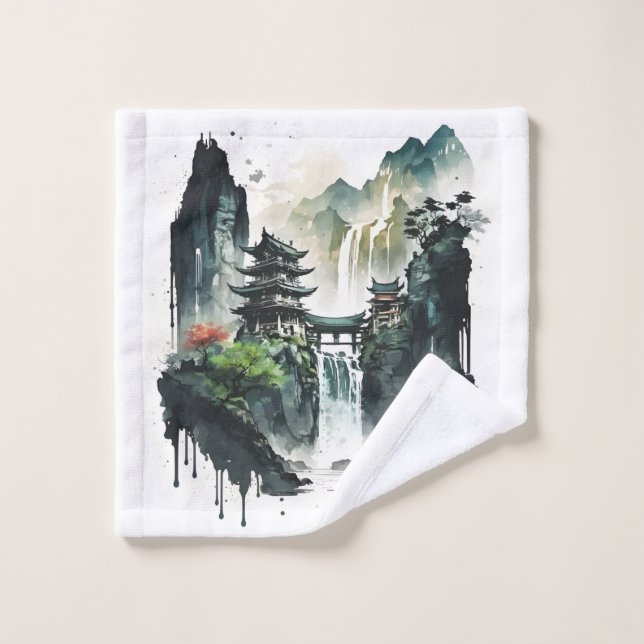 Ancient Chinese Ink Landscape with Waterfall Wash Cloth (Wash Cloth)